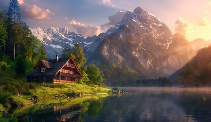 A wooden house is located on the grassy hillside, surrounded by dense forests and lush green trees, reflecting in clear water of lake at sunset. - Powered by Adobe