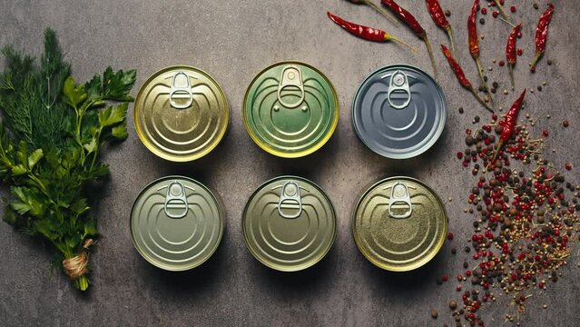  Metal Cans with Canned Food or Pate top view. Golden and silver cans with pull rings. Canned tourist food and fish or wet pet food, pate