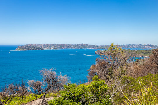 View over Bushland, Ocean and Suburb of Sydney from Dobroyd Head Lookout, Sydney, Australia