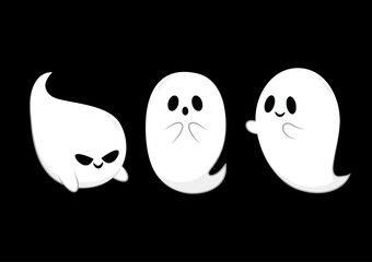 Cute ghost floating with Halloween pumpkin basket for Trick or Treat. Funny spooky boo character. Spook phantom with happy smiling face expression. Isolated kids flat vector illustration.