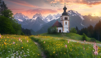 A beautiful church in the middle of nature, surrounded by mountains and forests, with green meadows...