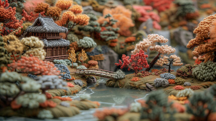 3D dimensional embroidery art of a japanese garden landscape with a traditional house in earth tones