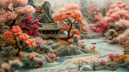 3D dimensional embroidery art of a Japanese garden landscape with a traditional house in earth tones