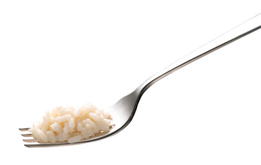 fork with portion of white rice on isolated background