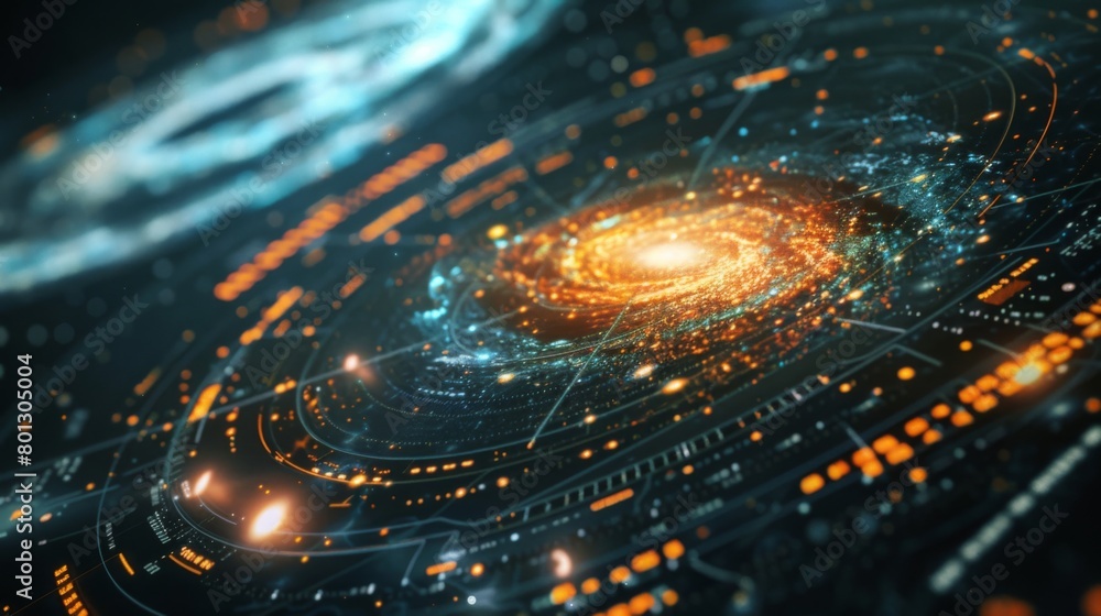 Poster close-up of a galaxy map displayed on a computer screen, showing the distribution of stars, nebulae,