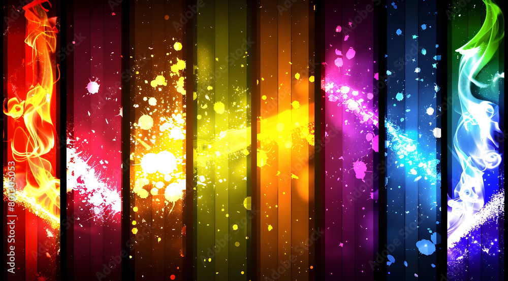 Poster a colorful image of a rainbow with a fire in the background. the image has a vibrant and energetic m