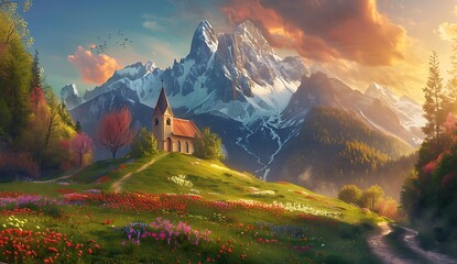 A beautiful mountain landscape with snowcapped peaks, lush green meadows and colorful wildflowers on the hillsides. A small church sits atop one of these hilltop to view it all from up close