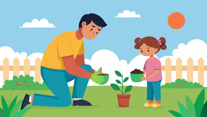 A father and daughter working side by side as they plant freedom seeds in their backyard passing on the importance of this day to the next generation.. Vector illustration