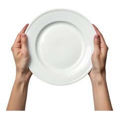 Hands holding white plate isolated on transparent background