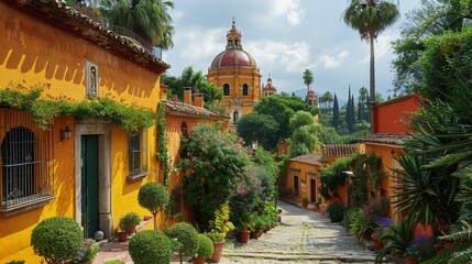 Fototapeta premium Picturesque cobblestone street lined with vibrant yellow buildings, overflowing with greenery and flowers, leading to the iconic dome of Archangel Church.