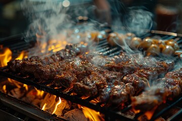 Barbecue grill sizzling with a variety of delicious food.