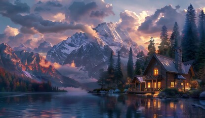  A beautiful house in the mountains with lights on inside, near water and trees. The sky is cloudy at sunset, creating an enchanting atmosphere - Powered by Adobe