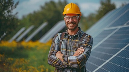 An engineer with crossed arms and a grin displays solar energy panels.