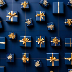 neatly arranged presents form a grid pattern trendy navy blue and gold Christmas seasonal background, Festive Gifts form a Grid pattern. Generate ai