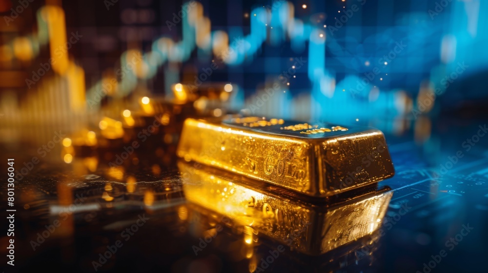 Aufkleber close-up of a gold bar on a reflective surface with a graph projecting future gold prices, illustrat