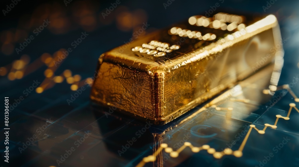 Poster Close-up of a gold bar on a reflective surface with a graph projecting future gold prices, illustrating speculative investment decisions