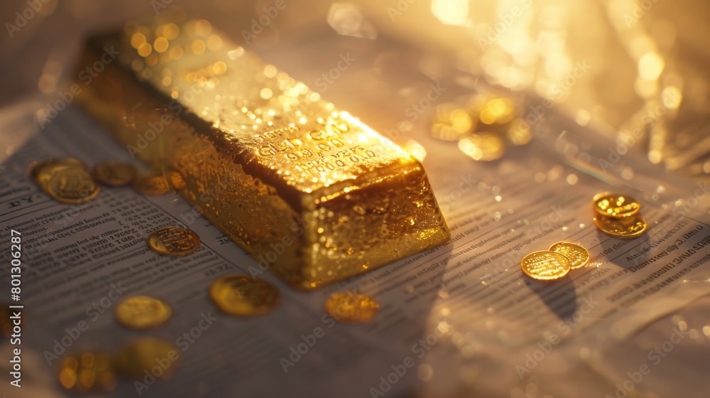 Poster close-up of a gold ingot resting on a financial report, representing the stability and security of g