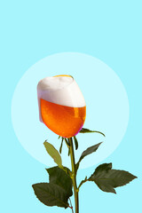 Foamy lager beer glass transformed into a flower against light blue background. Blooming part. Contemporary art collage. Concept of alcohol drink, surrealism, celebration, creativity
