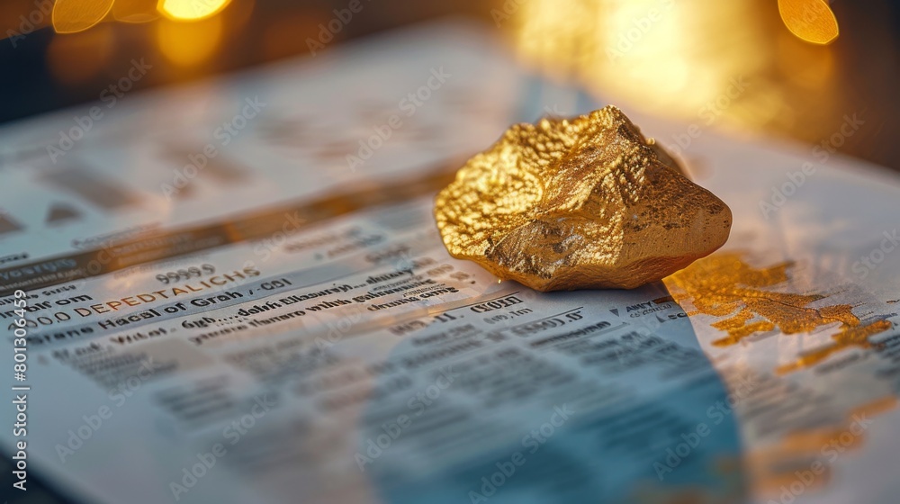 Poster close-up of a gold ingot resting on a financial report, representing the stability and security of g