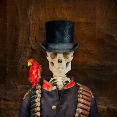 Steampunk smiling skull with vintage hat and soldier uniform