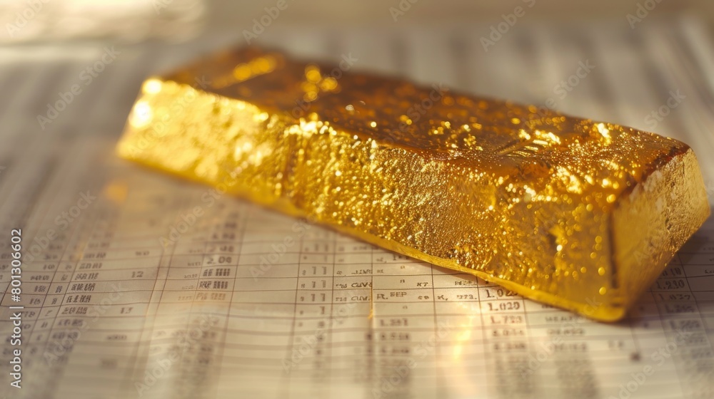 Aufkleber close-up of a gold ingot resting on a financial report, representing the stability and security of g