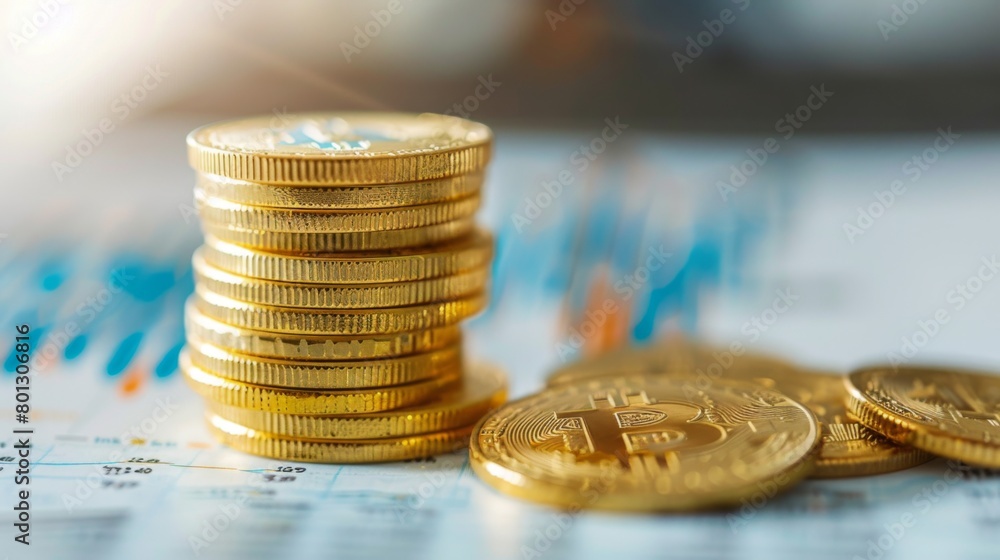 Poster close-up of a golden coin stacked on top of financial charts, representing wealth accumulation throu