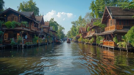 Fototapeta na wymiar Experience the vibrant atmosphere of Damnoen Saduak Floating Market. Tourists explore in boats alongside traditional wooden houses under a clear blue sky, capturing the essence of Thai culture.