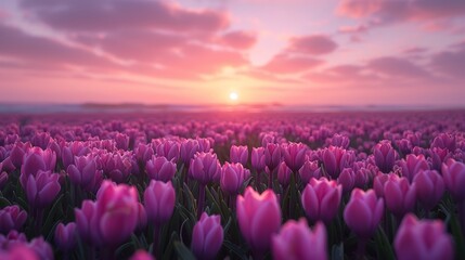 Experience the breathtaking beauty of endless tulip fields bathed in the warm glow of a sunset. This image captures a tranquil and majestic spring evening.