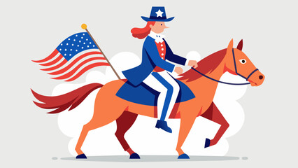 A parade participant riding a decorated horse with a loyal dog trotting alongside both adorned in patriotic attire.. Vector illustration