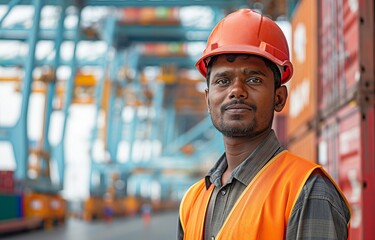 Wearing safety vests and hard hats, Indian labourers are handling shipments at the container terminal.