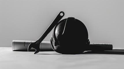 A sleek graphic silhouette of a construction worker's helmet, a wrench, and a blueprint roll, symbolizing labor and engineering, Generative AI - obrazy, fototapety, plakaty