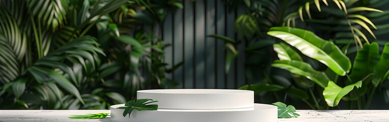 2 stacks of Contemporary White Podium Stage Rack front view focus with Green Stone and fade green Tropical Leaves Background