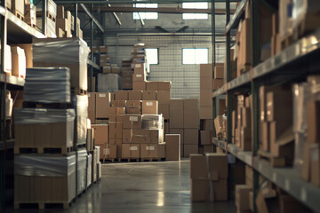 Warehouse interior filled with stacked boxes and pallets during daylight hours
