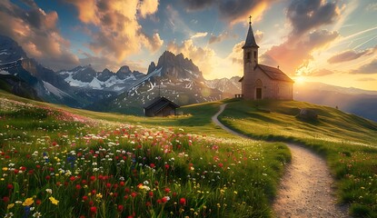  A beautiful sunrise over the Alps with wildflowers and an old church on top of a grassy hill, a winding path leading to it