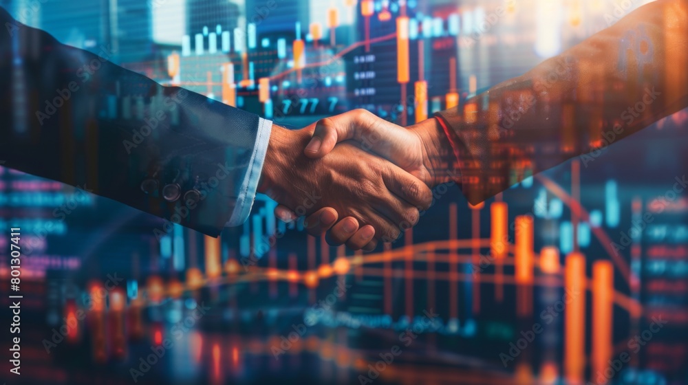 Aufkleber close-up of a handshake between two business partners with financial charts in the background, symbo