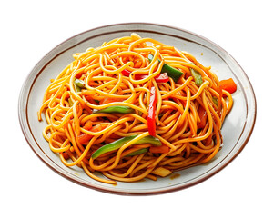 Chow mein in plate on transparent background