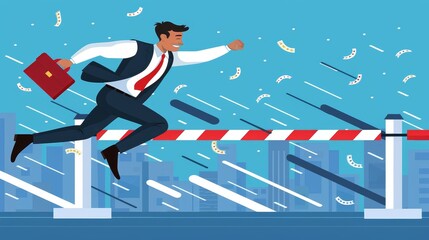 Business illustration concept of businessman jumping over obstacles like hurdle race. business concept illustration.