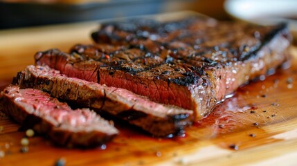 Close-up of a juicy steak being sliced on a wooden cutting board, revealing its tender and mouthwatering texture, perfect for steak lovers.