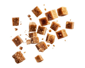Falling brown sugar cubes on transparent background