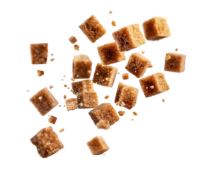 Falling brown sugar cubes on transparent background