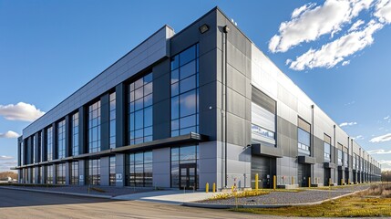 Fototapeta premium a wide-angle shot of an industrial building from outside the building with a view of a large courtyard and garden.