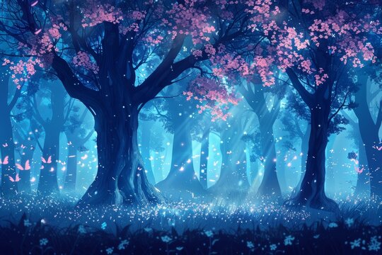 A beautiful blue forest with pink flowers and butterflies
