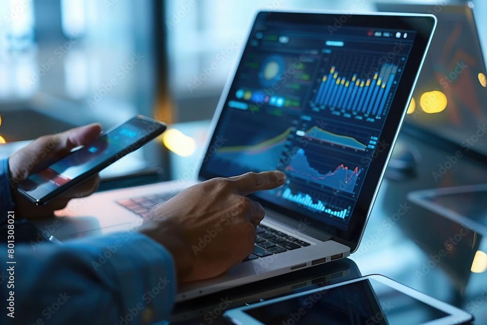 Poster business man using digital tablet analyzes business data, busy working on laptop computer with smart
