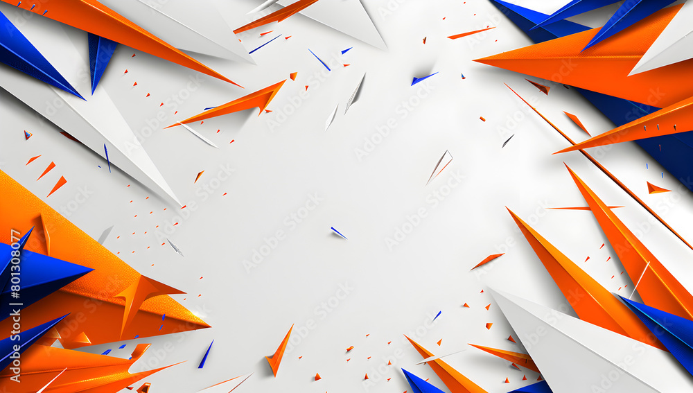 Poster a white background with orange and blue triangles. the triangles are cut out of paper and are scatte