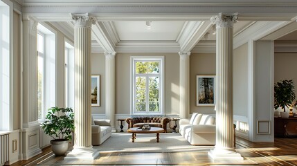 A classic interior of a luxurious white empty room. Decorated with doric columns, sofa and pillars.
