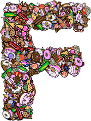 Buchstabe F zusammengesetzt aus vielen bunten Süßigkeiten