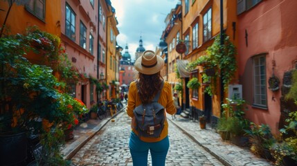Young woman in a straw hat and backpack walking through the vibrant, narrow streets of Gamla Stan,...