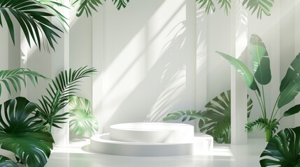 Stylish white podium for product display in a lush and vibrant tropical garden ambiance