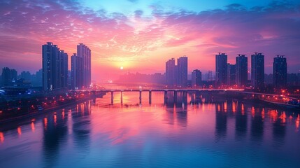 Breathtaking urban sunset, showcasing skyscrapers and a modern bridge reflecting over a serene river, under a vibrant sky at dusk.