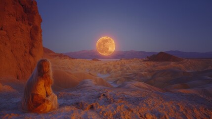 Solitary woman in a flowing dress watches a large, glowing full moon rise above the undulating mudstone formations of Zabriskie Point during twilight.